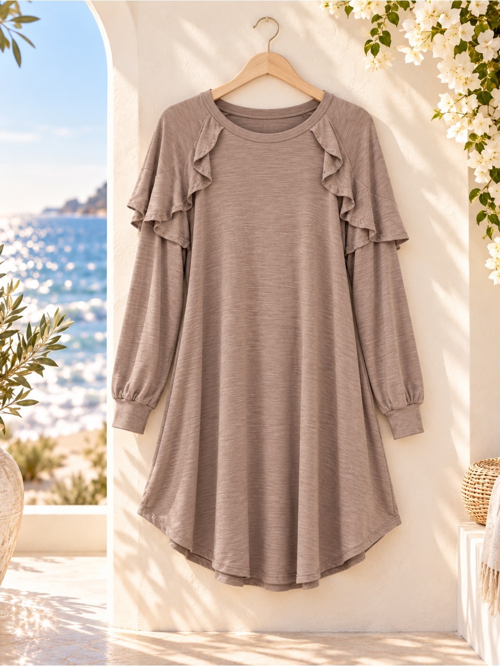 Umgee USA NWT Taupe Ruffle Shoulder Long Sleeve Tunic Dress NWT
